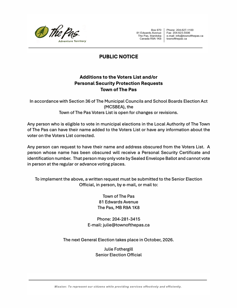 Public Notice regarding Additions to the Voters List and/or Personal Security Protection Requests